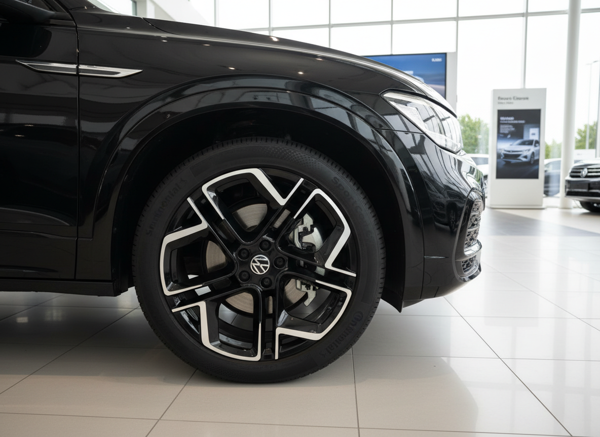 Schwarzer Volkswagen SUV Detailaufnahme Felge im Autohaus