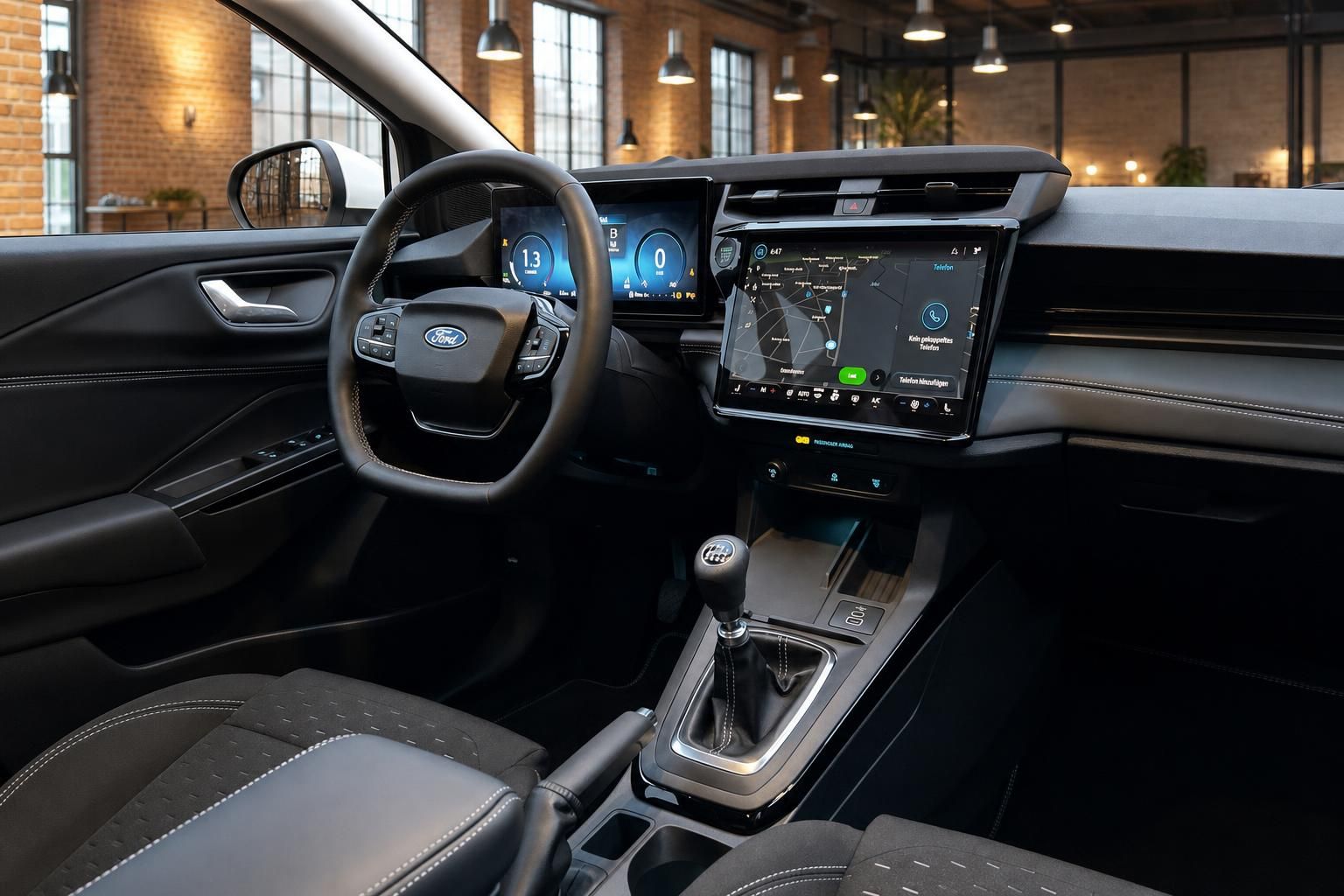 Ford Cockpit mit Lenkrad, Touchscreen und Navigationssystem im Innenraum
