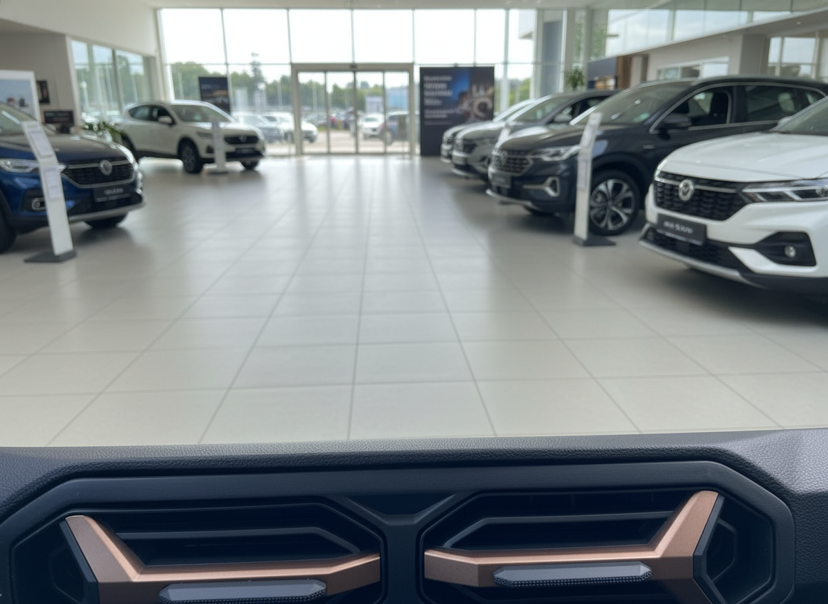 Fahrzeuginnenraum mit Armaturenbrett im Autohaus-Showroom mit mehreren Fahrzeugen im Hintergrund