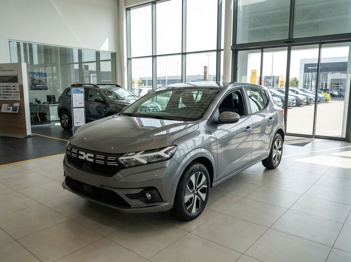 Dacia Sandero Stepway in Grau im Autohaus Showroom – Frontansicht schräg links