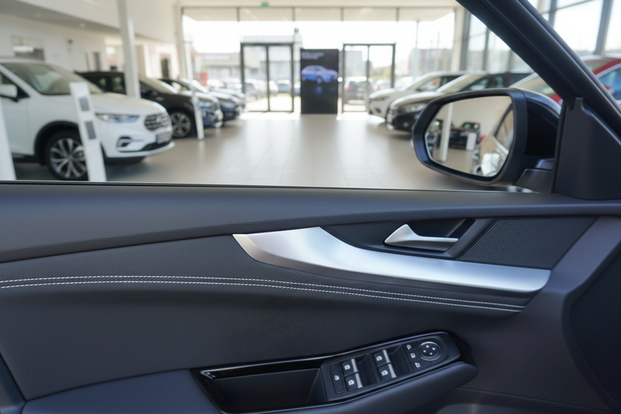 Fahrzeuginnenraum Fahrertür mit Aluminium-Türgriff und Fensterheber im Autohaus