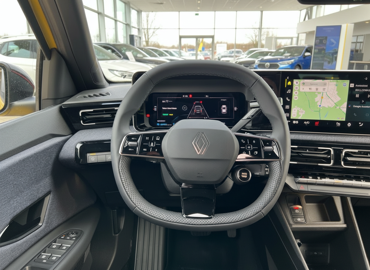 Renault Innenraum Cockpit mit digitalem Tacho Lenkrad und Navigationsdisplay im Autohaus