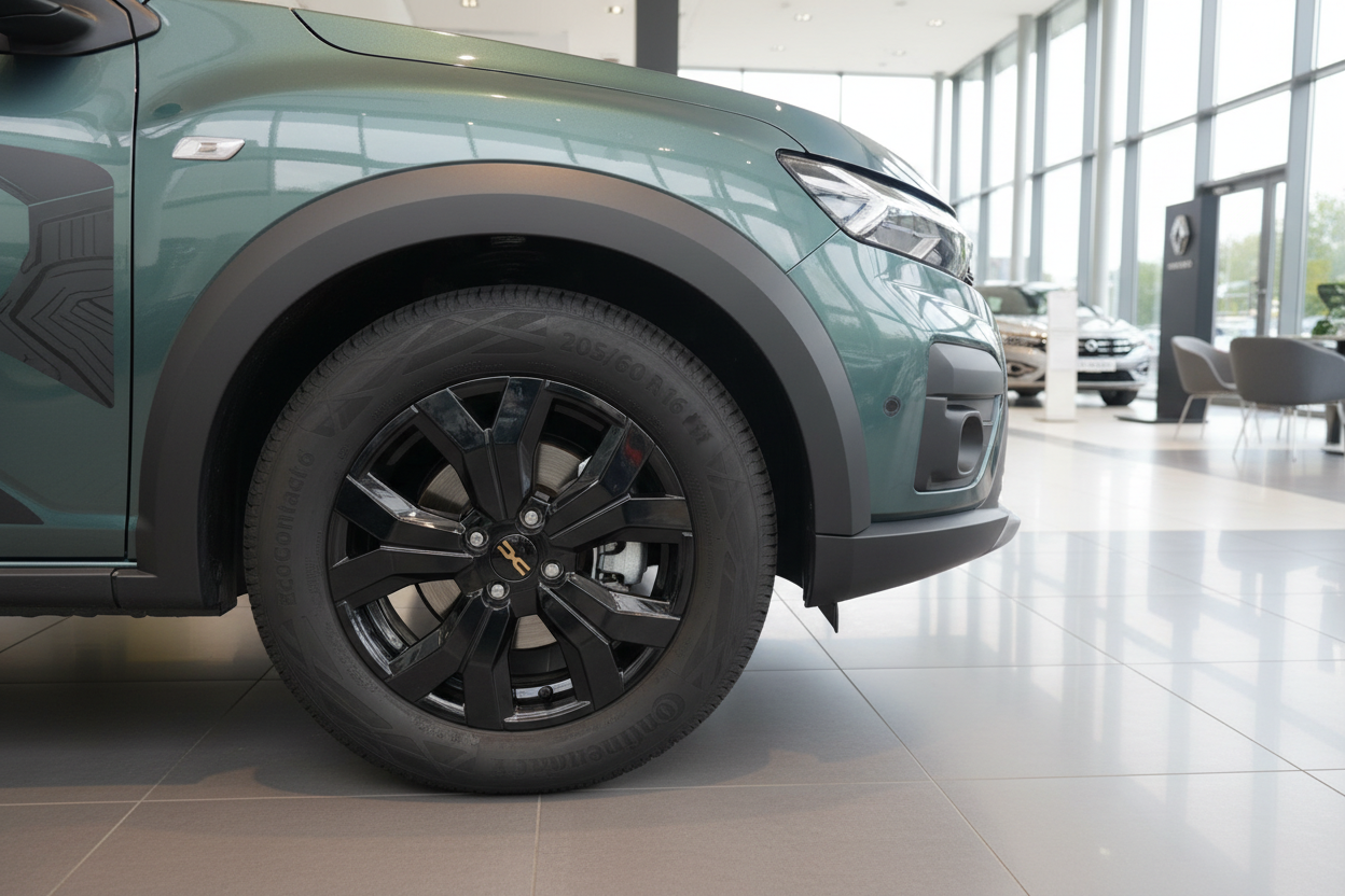 Grüner SUV Frontpartie mit schwarzen Felgen in Renault Autohaus Showroom