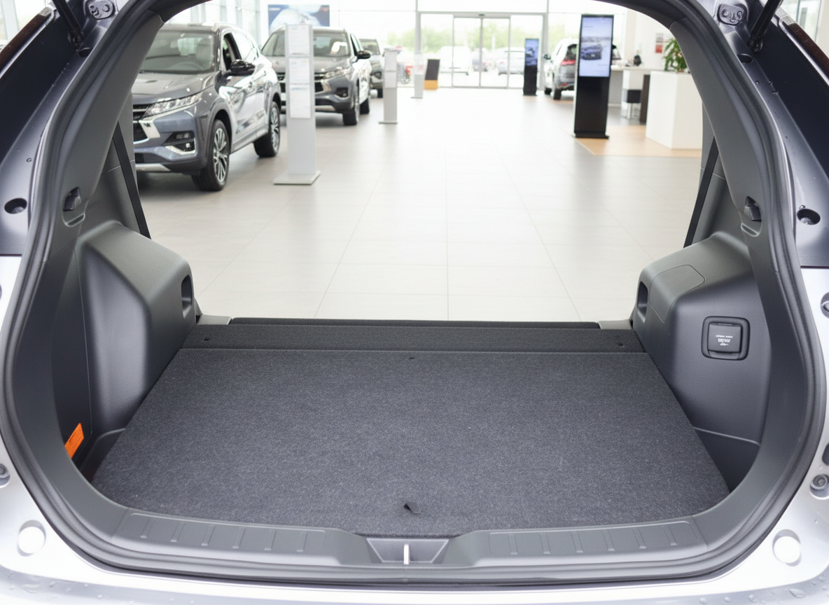 Geöffneter Kofferraum eines silbernen SUV im Autohaus mit großem Laderaum