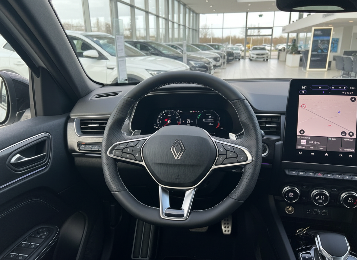 Renault Clio Innenraum mit Lederlenkrad, digitalem Cockpit und Navigationssystem im Autohaus