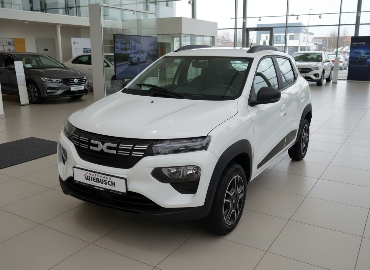 Dacia Spring Elektro in Weiß im Autohaus Wiebusch Showroom – Frontansicht