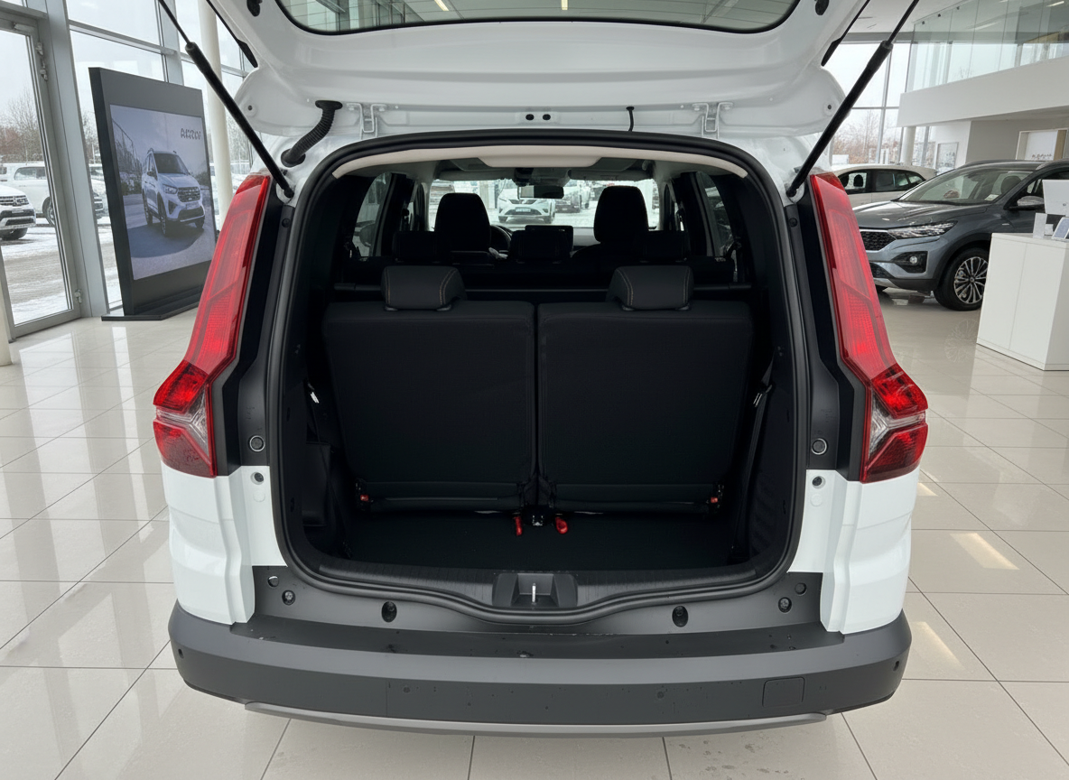Weißer Dacia Jogger Kofferraum offen mit umklappbarer Rücksitzbank im Autohaus
