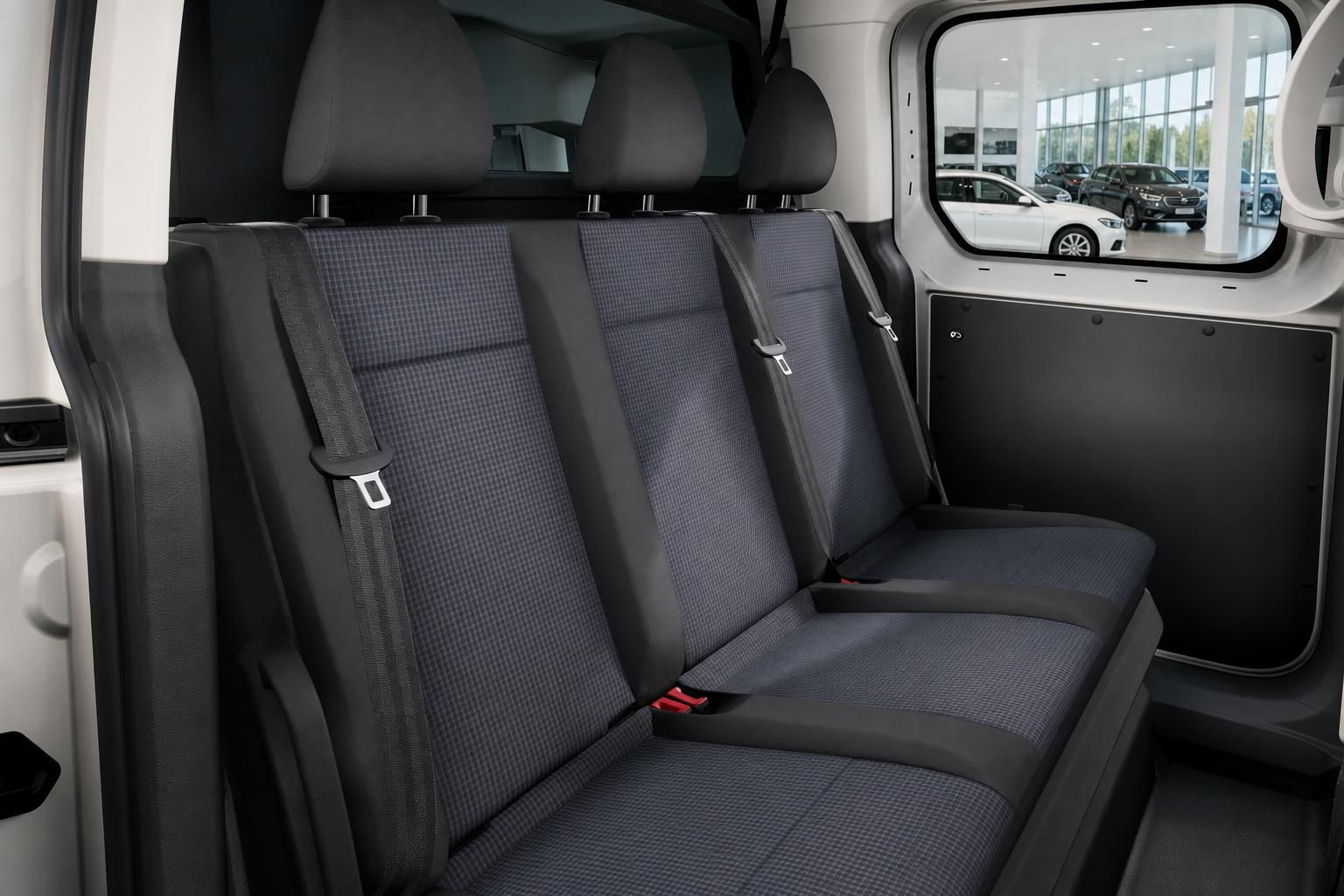 VW Rücksitzbank mit Kopfstützen und Sicherheitsgurten im Fahrzeuginnenraum