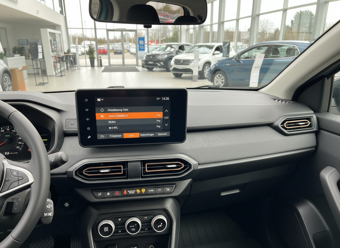 Innenraum Dacia Sandero mit Infotainment-Touchscreen und Klimaanlage im Autohaus