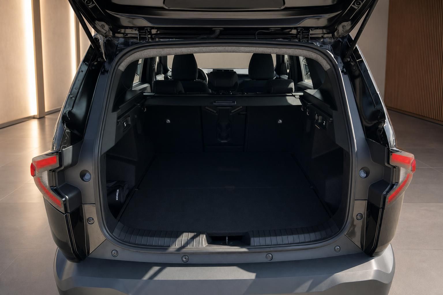 Geöffneter Kofferraum eines SUV mit umgeklappten Rücksitzen und viel Stauraum