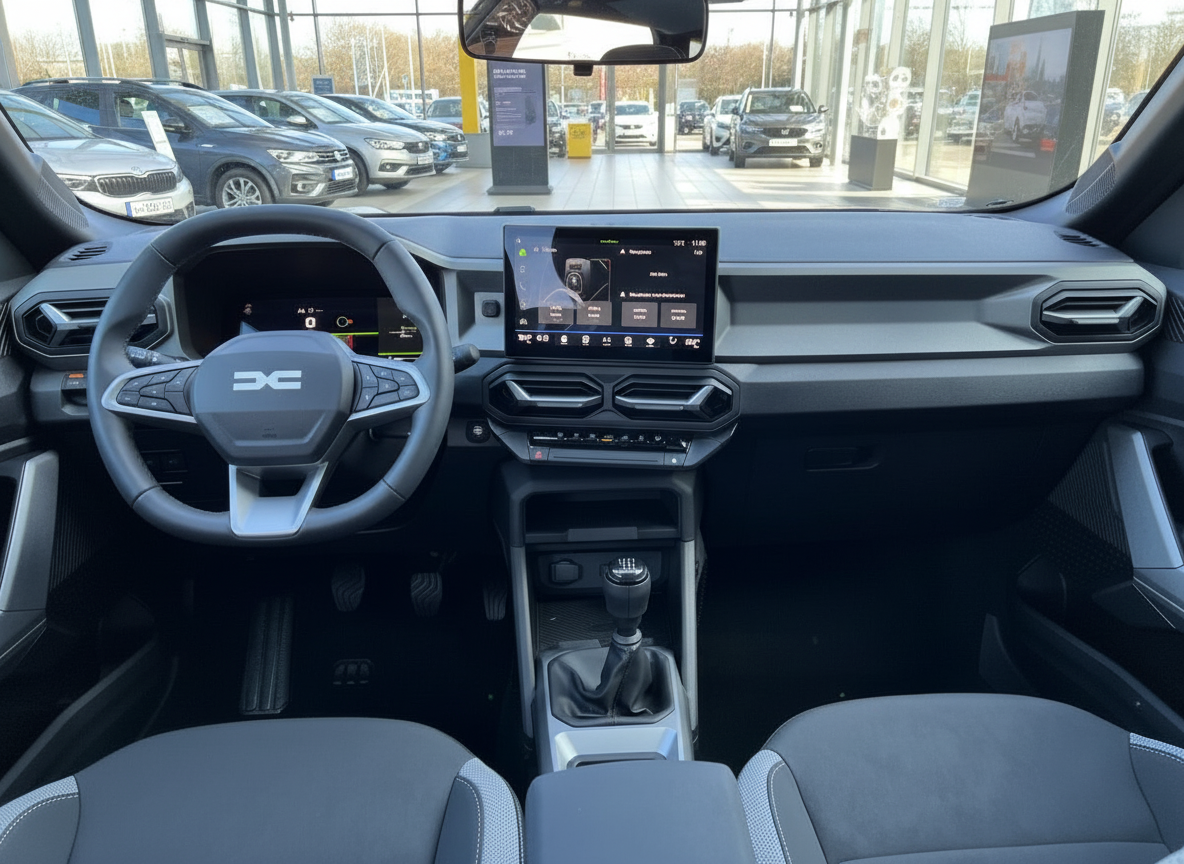 Dacia Innenraum mit Lenkrad, Infotainment-Display und manuellem Schaltgetriebe im Autohaus