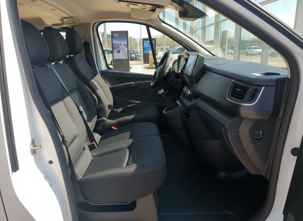 Innenraum eines weißen Vans mit schwarzen Sitzen, Mittelkonsole und Infotainment-Display