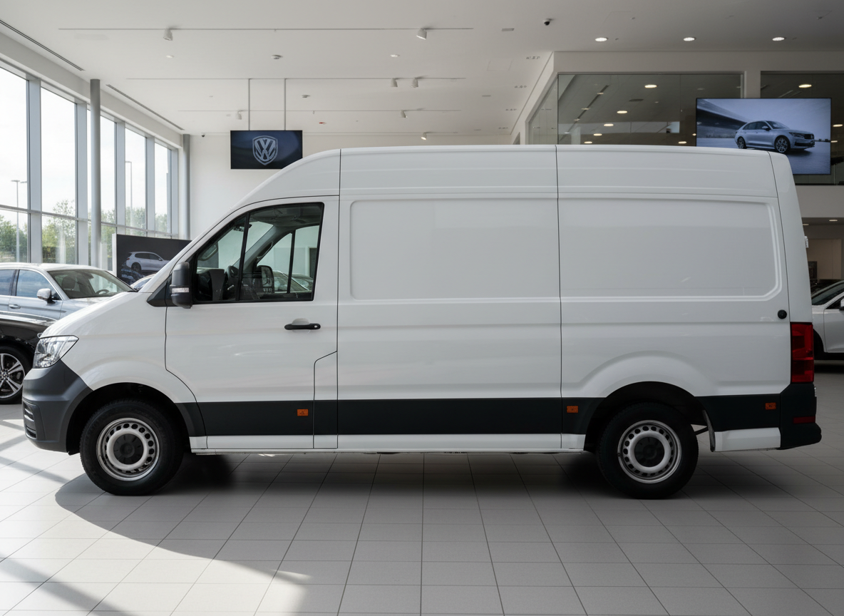 Weißer Volkswagen Crafter Kastenwagen Hochdach in VW-Autohaus Showroom
