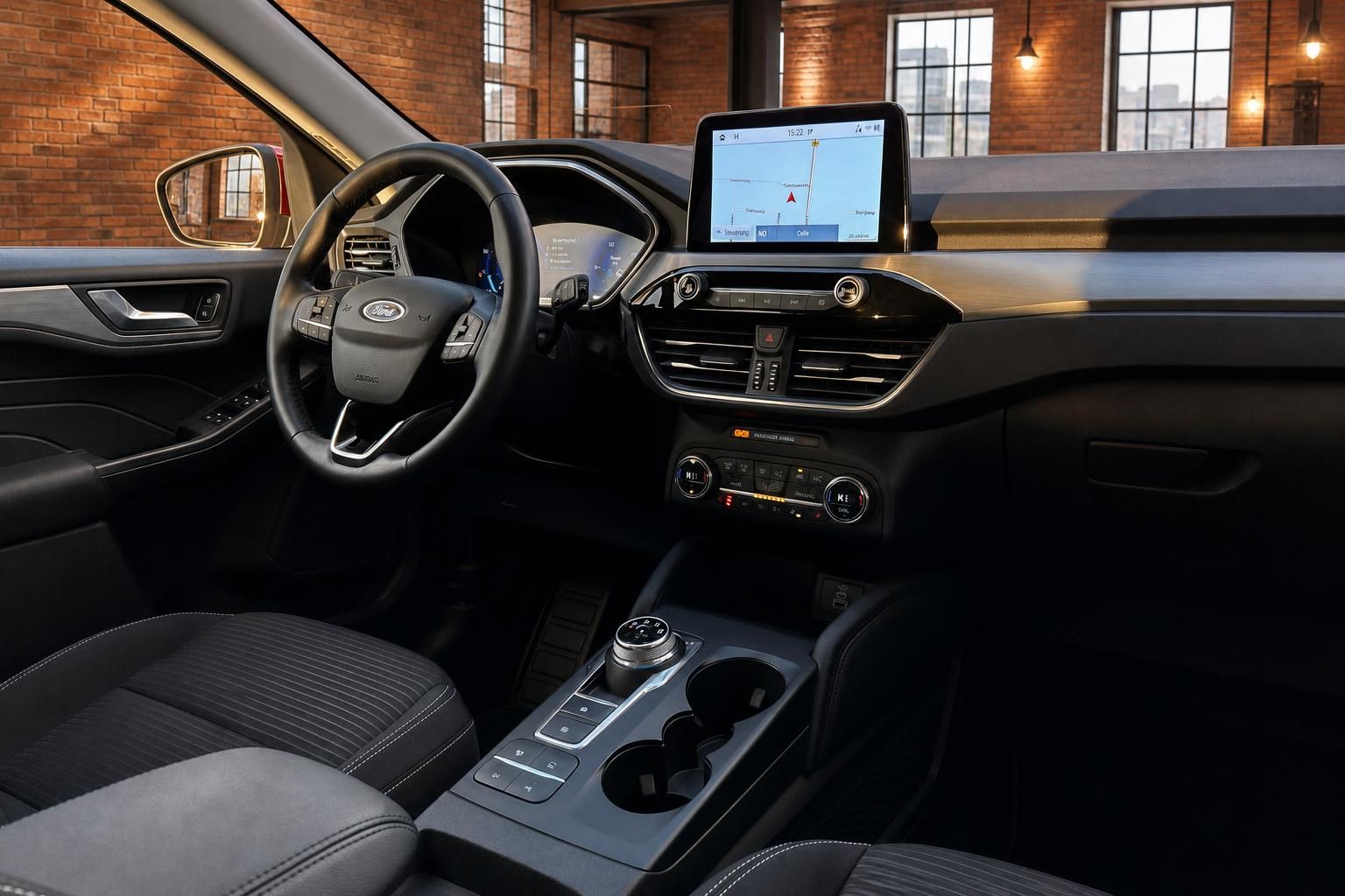 Ford Cockpit Ansicht mit Lenkrad, Touchscreen und Mittelkonsole