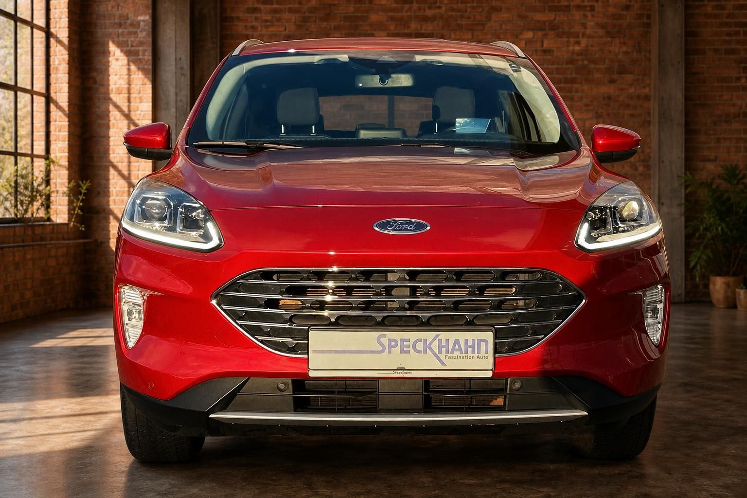 Ford SUV in Rot, Frontansicht mit LED-Scheinwerfern und Kuehlergrill