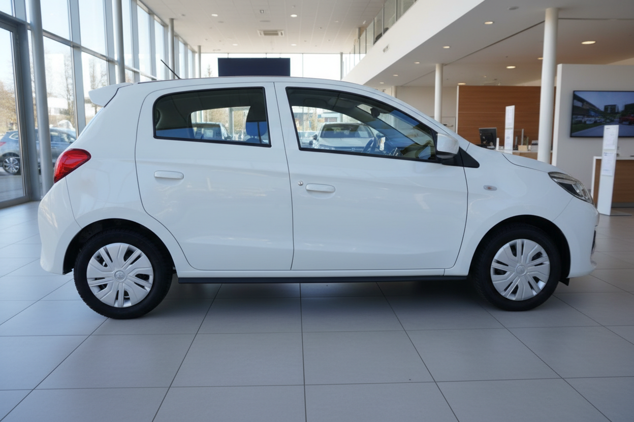 Weißer Mitsubishi Space Star Fünftürer in Seitenansicht im Autohaus-Showroom