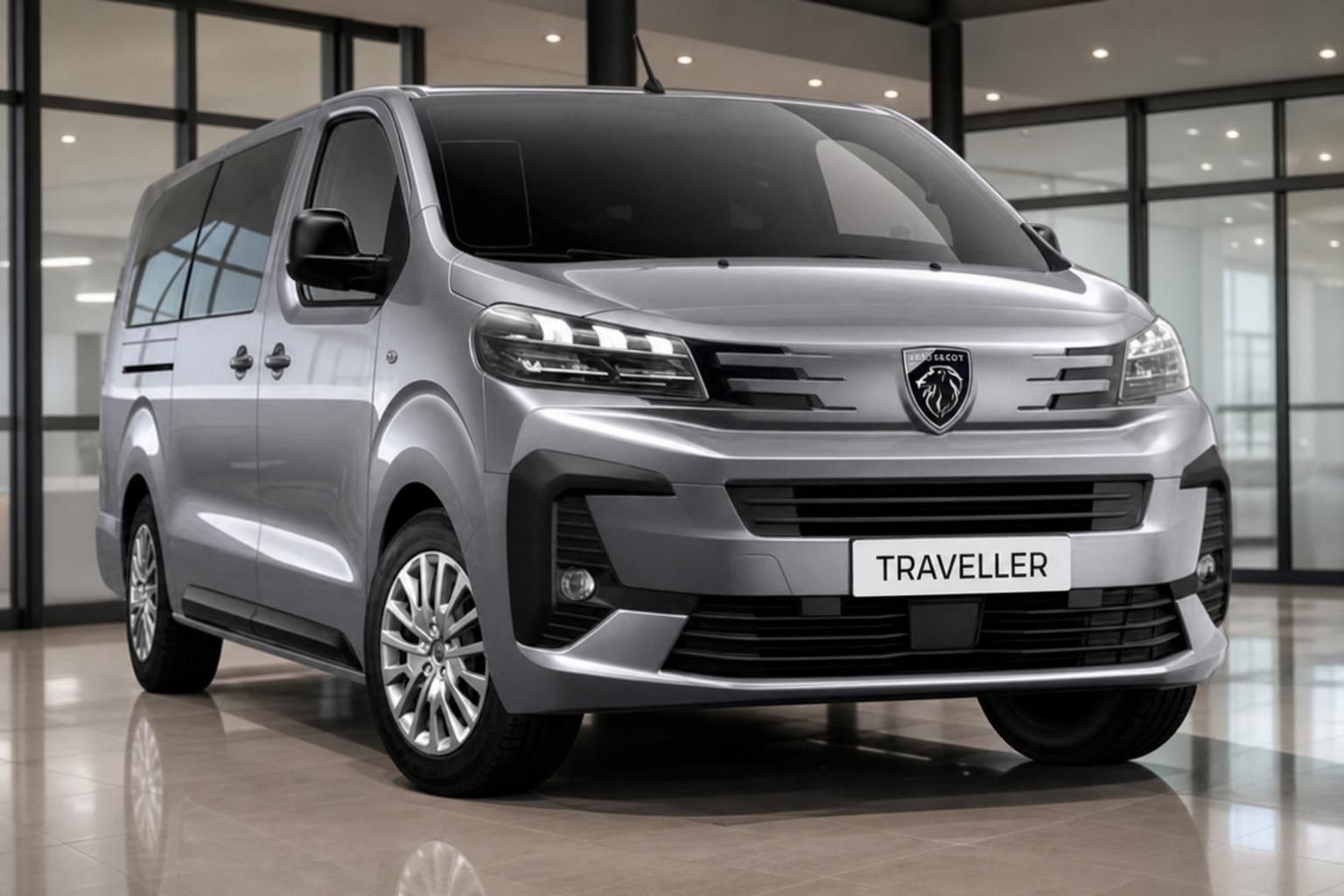Peugeot Traveller Van in Silber, Frontansicht im Glas-Showroom