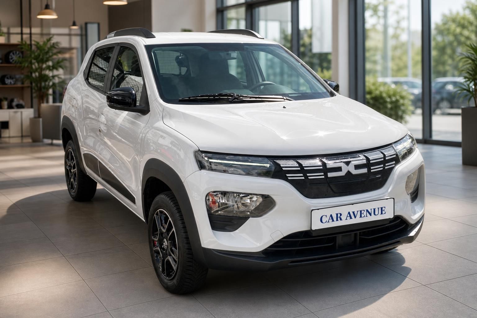 Dacia Spring in Weiß, Frontansicht im Autohaus Showroom