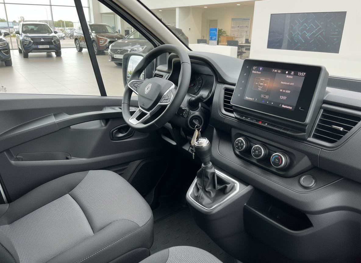 Renault Trafic Innenraum mit Lenkrad, Schaltgetriebe und modernem Infotainment-Display