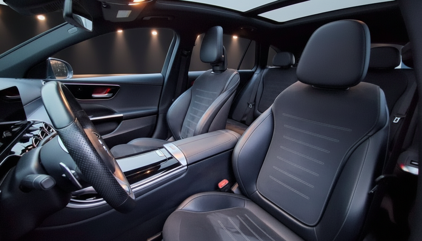 Luxuriöses Fahrzeug-Interieur mit schwarzen Ledersitzen, Panoramadach und modernem Cockpit