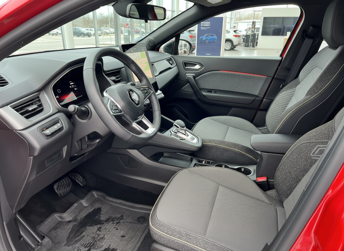 Renault Clio Innenraum mit digitalem Cockpit, Lederlenkrad und grauen Sportsitzen in rotem Fahrzeug