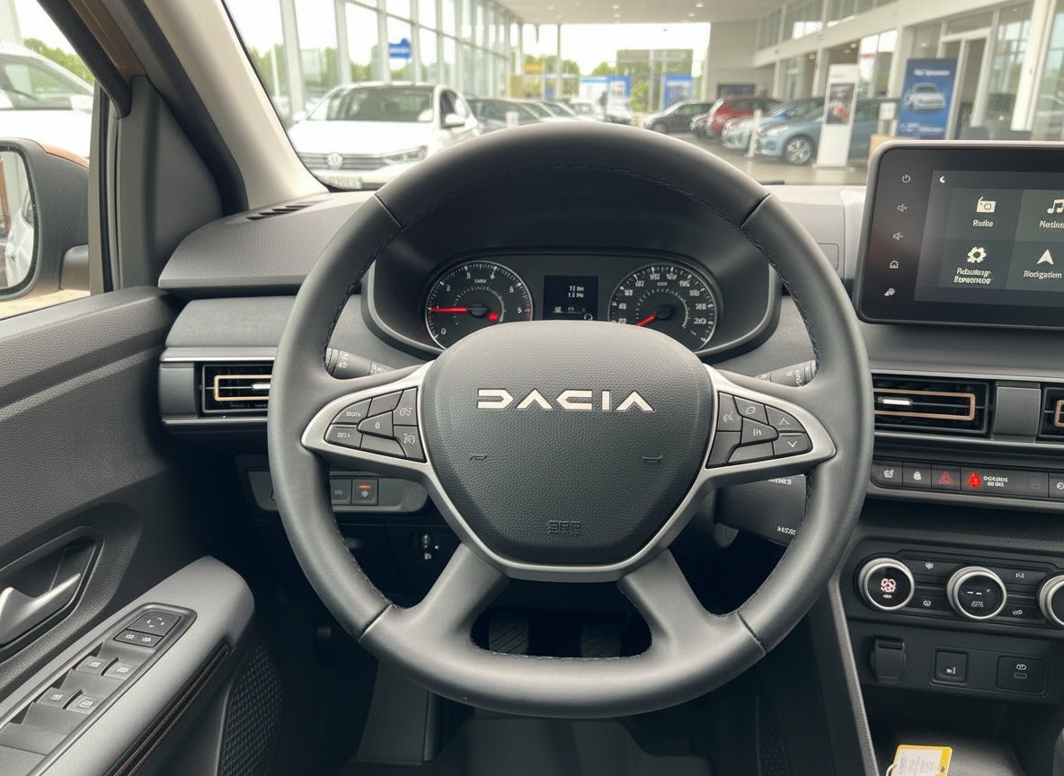 Dacia Innenraum Cockpit mit Lenkrad, Tacho und Infotainment-Display im Autohaus