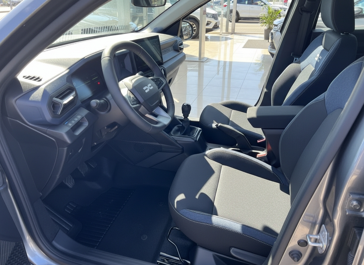Dacia Innenraum mit schwarzen Stoffsitzen, Schaltgetriebe und modernem Infotainment-Display
