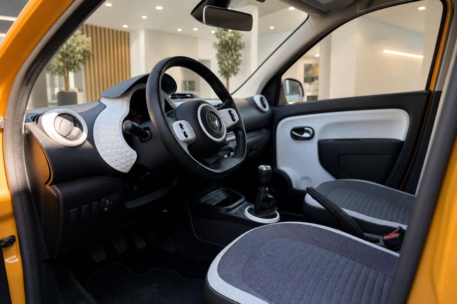 Renault Twingo Fahrersitz und Cockpit durch geoeffnete Fahrertuer