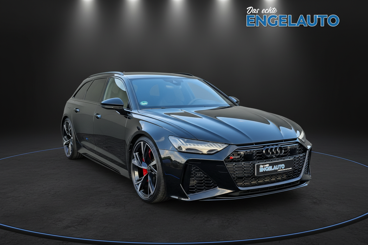 Schwarzer Audi RS6 Avant Quattro Kombi mit sportlichen Felgen und roten Bremsscheiben in Studiobeleuchtung bei Engelauto Händler