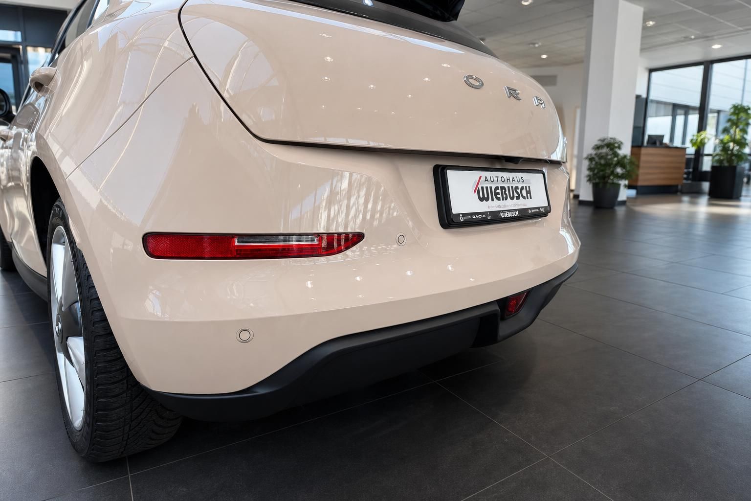 Detail der Heckpartie eines beigen Autos mit Autohaus Wiebusch Kennzeichen