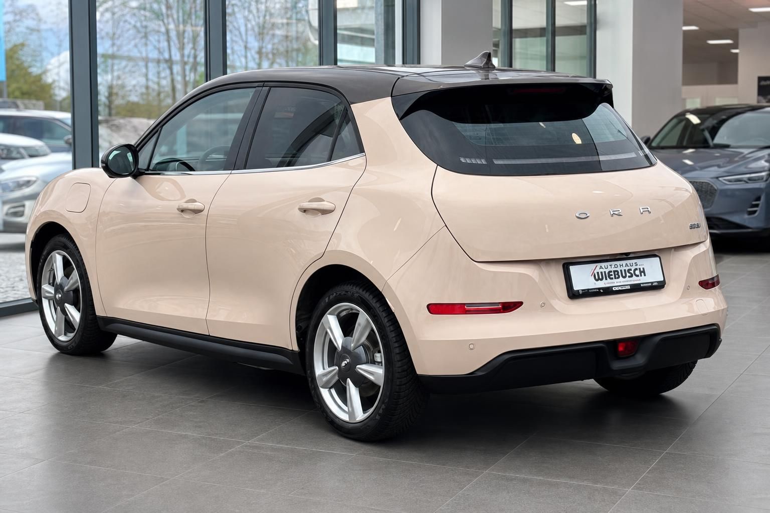 Rosa Elektrofahrzeug Heckansicht im Autohaus mit Händlerkennzeichen