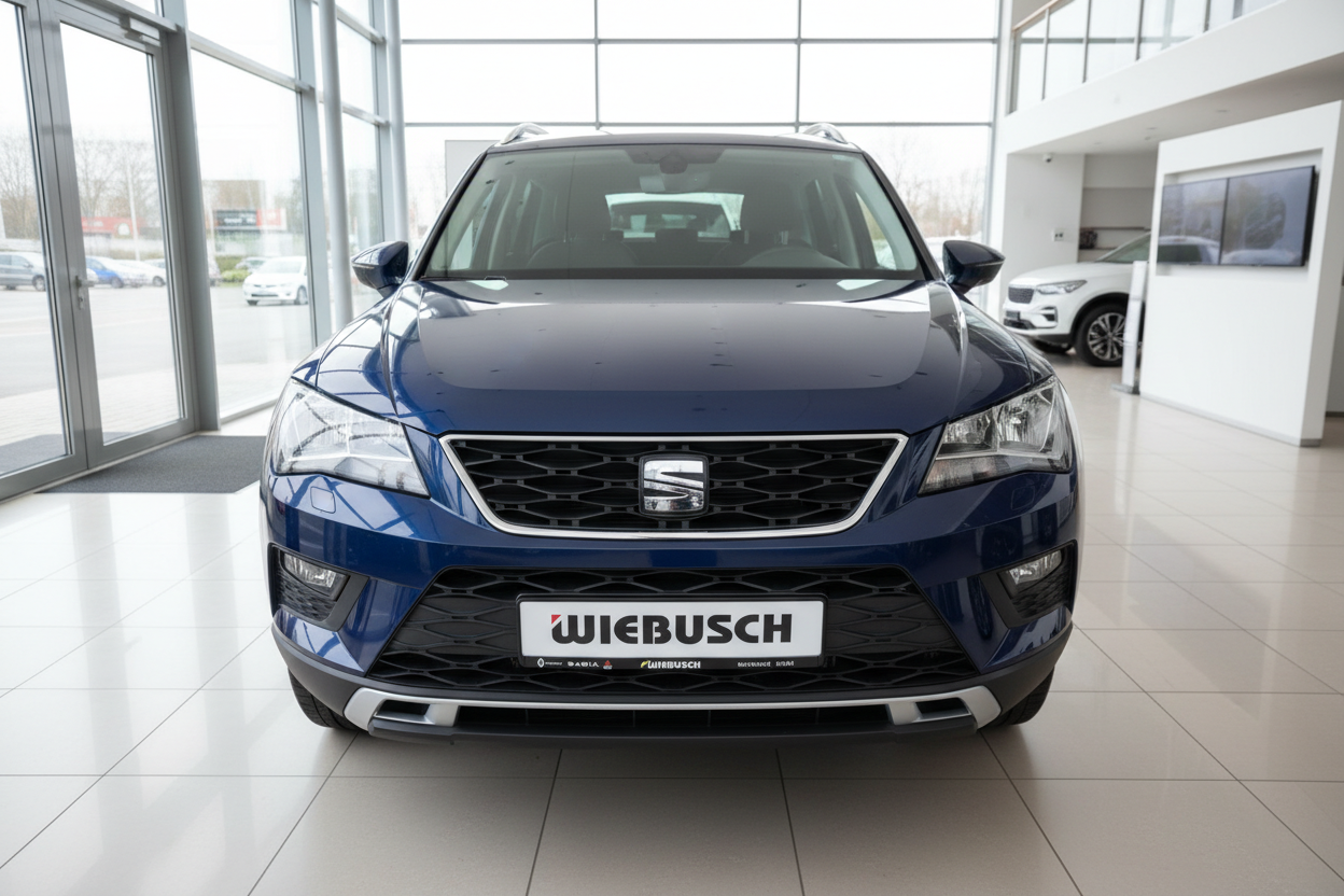 SEAT Ateca SUV in Dunkelblau Frontansicht im Autohaus Wiebusch
