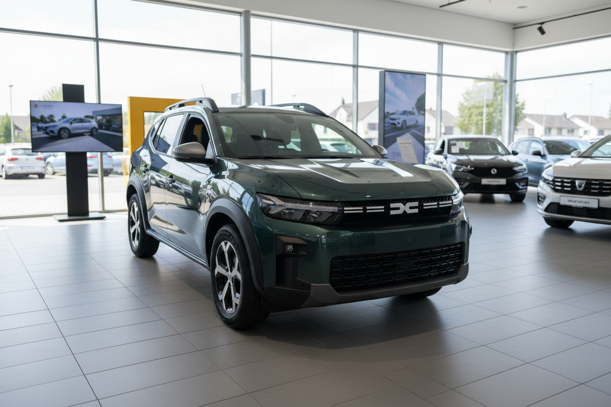 Dacia Duster SUV in Dunkelgrün in modernem Autohaus-Showroom