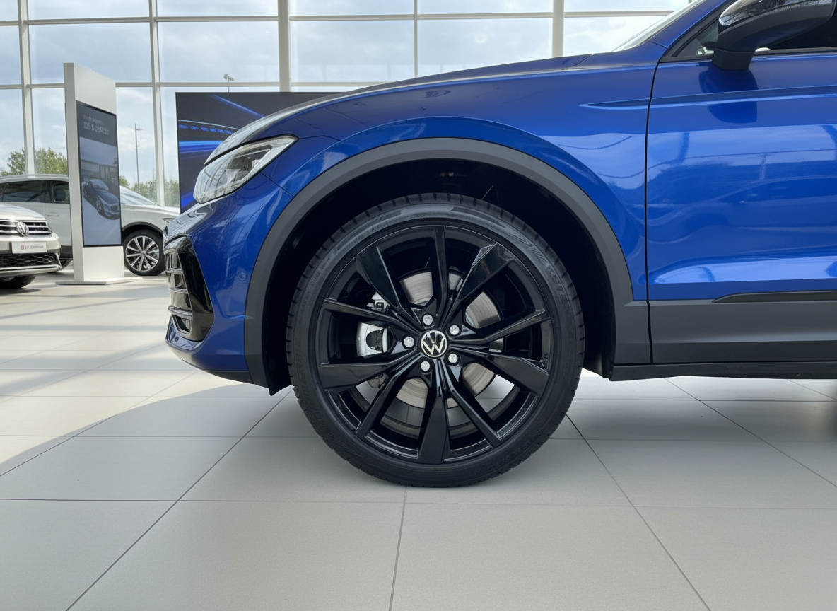 Blauer Volkswagen SUV mit schwarzen Leichtmetallfelgen im VW-Autohaus
