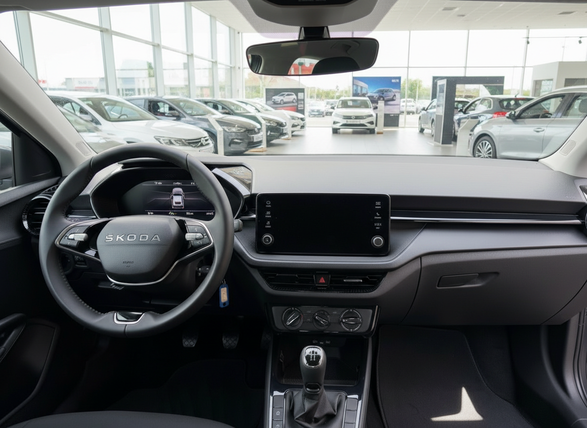 Škoda Innenraum mit Lederlenkrad, digitalem Cockpit und Touchscreen-Infotainment im Autohaus