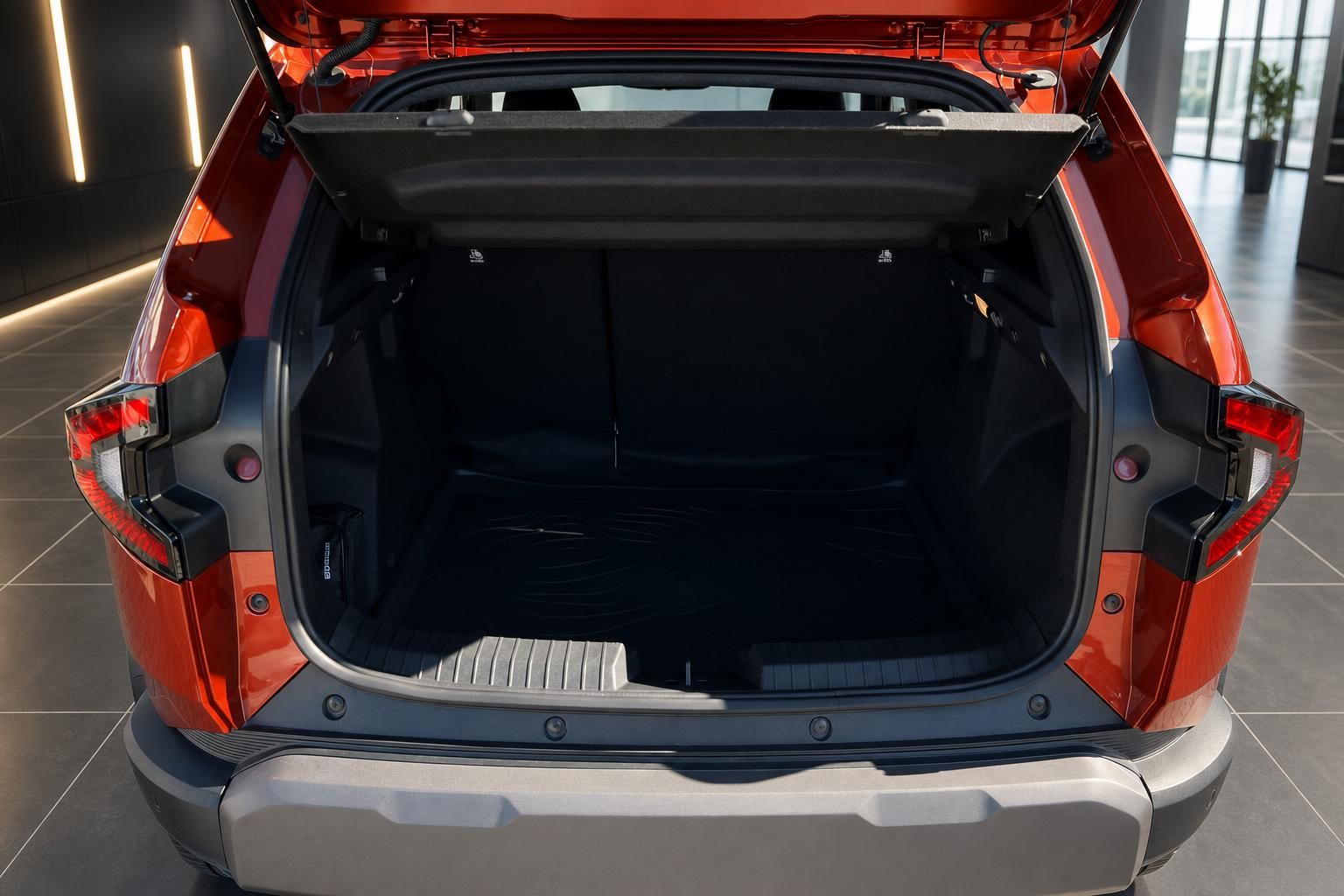 Kofferraum geöffnet orange SUV mit schwarzem Innenraum und Ladeboden