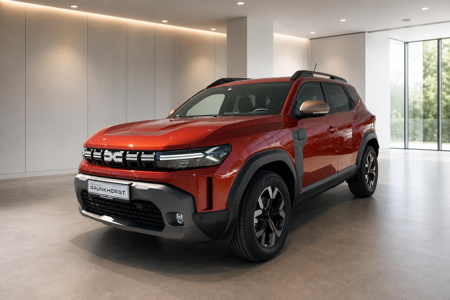 Dacia SUV in rot, Seitenansicht im Autohaus-Showroom mit modernem Design und Panoramafenstern