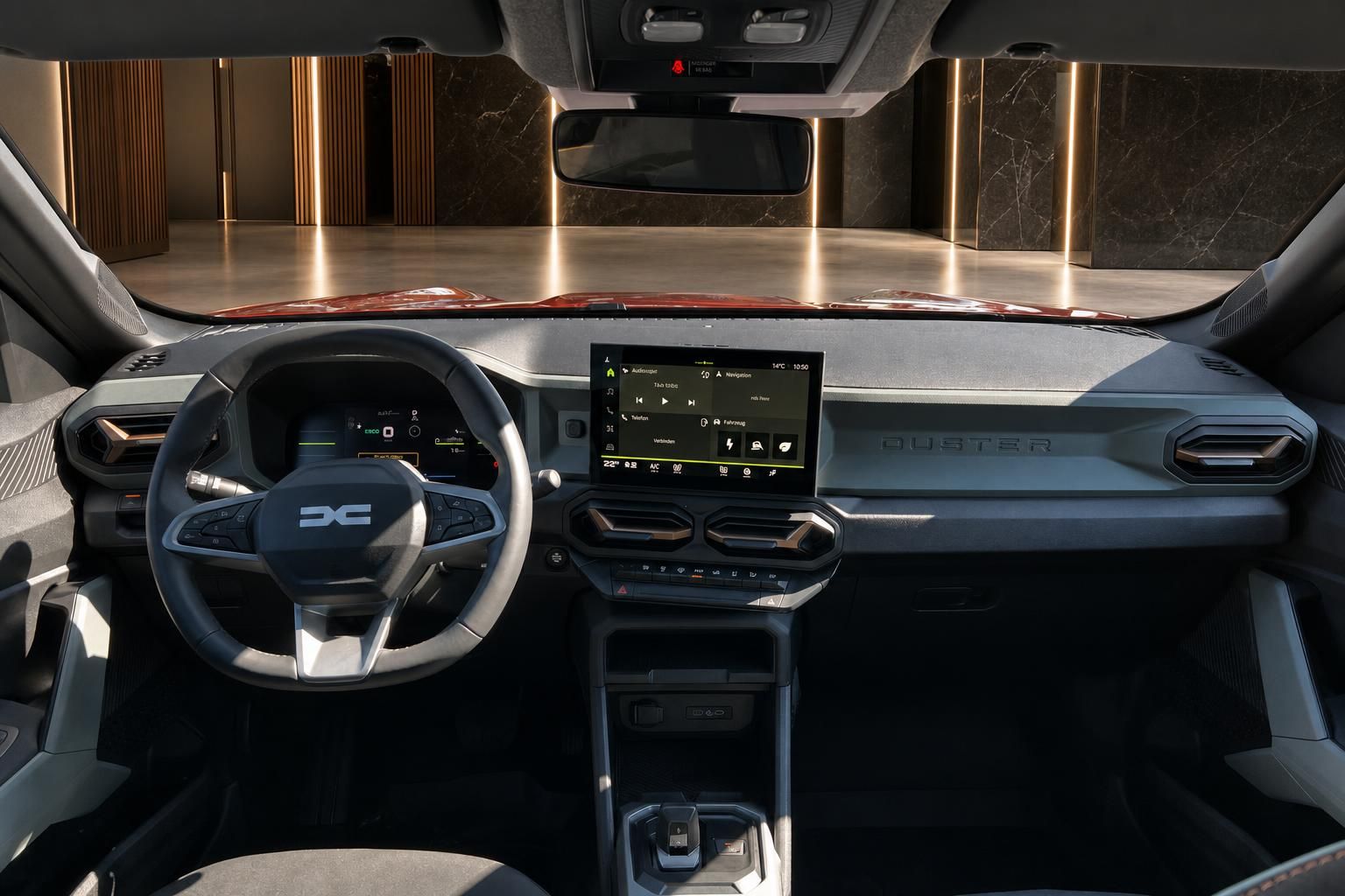 Modernes Fahrzeug-Cockpit mit digitalem Display, Lenkrad und Armaturenbrett in luxuriöser Ausstattung