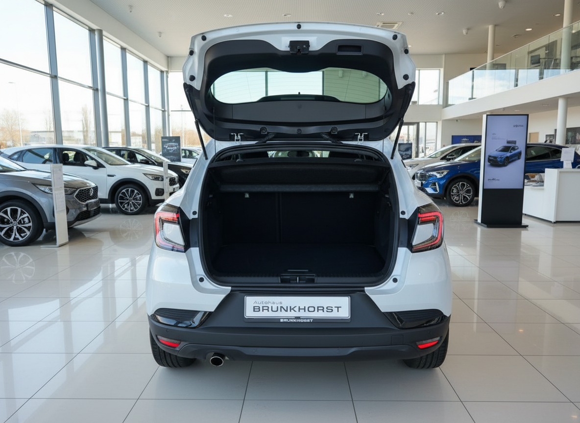 Weißer Renault Captur Heckansicht mit geöffnetem Kofferraum im Autohaus Brunkhorst