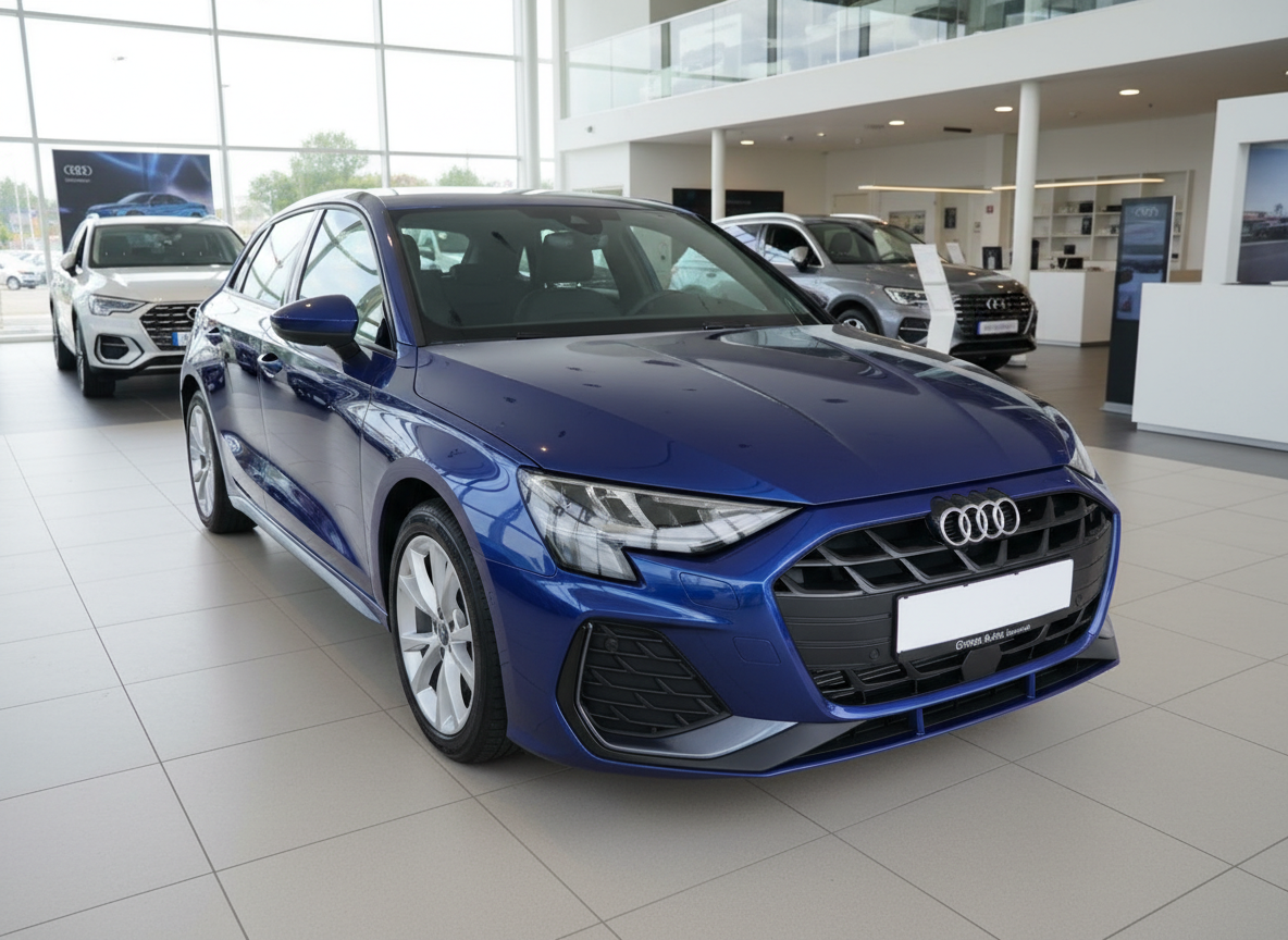 Audi A3 Sportback in Navarra-Blau metallic im Autohaus Showroom Frontansicht