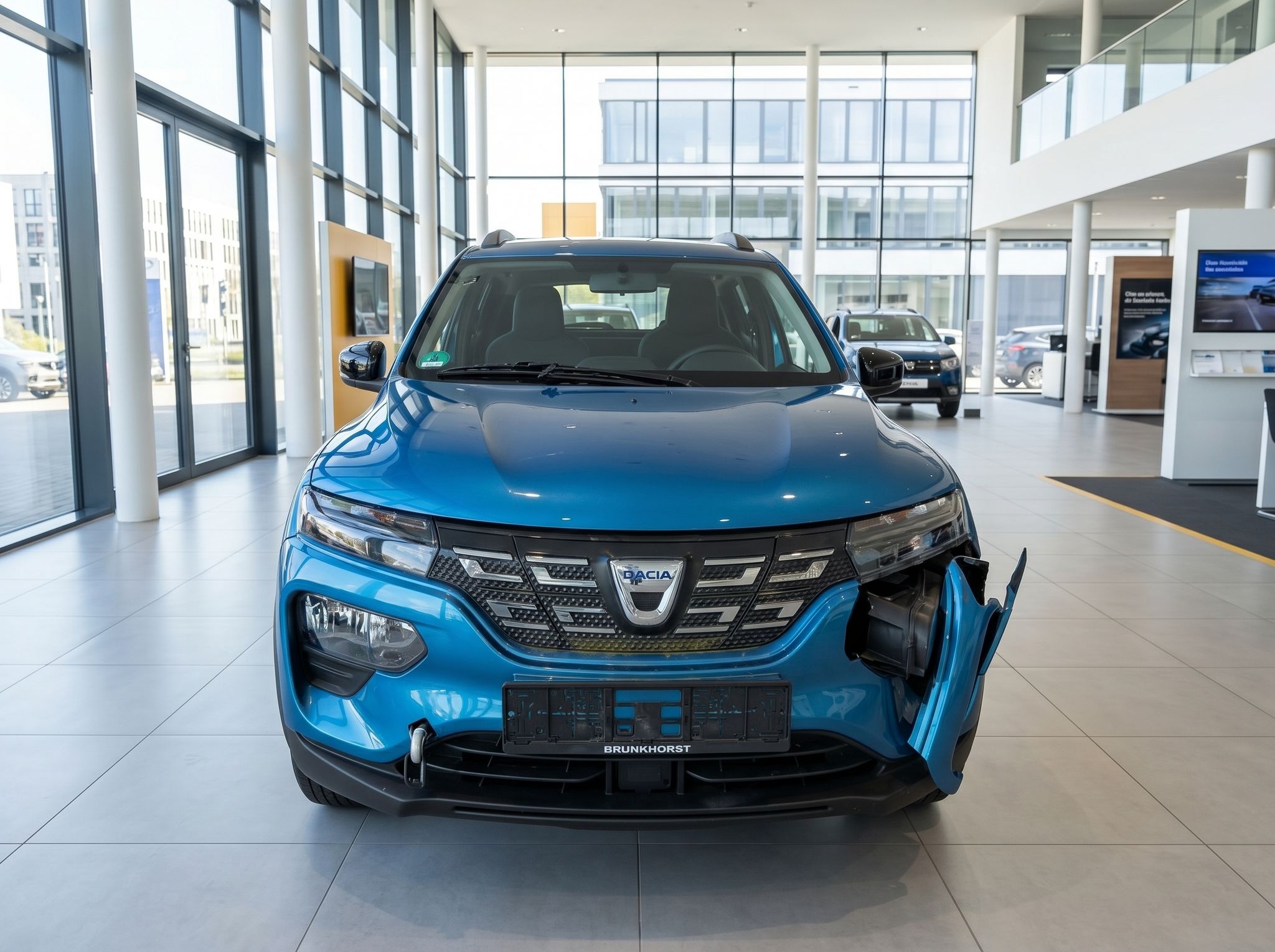 Dacia Spring Elektrofahrzeug blau - Frontansicht im Autohaus mit Dacia-Kühlergrill