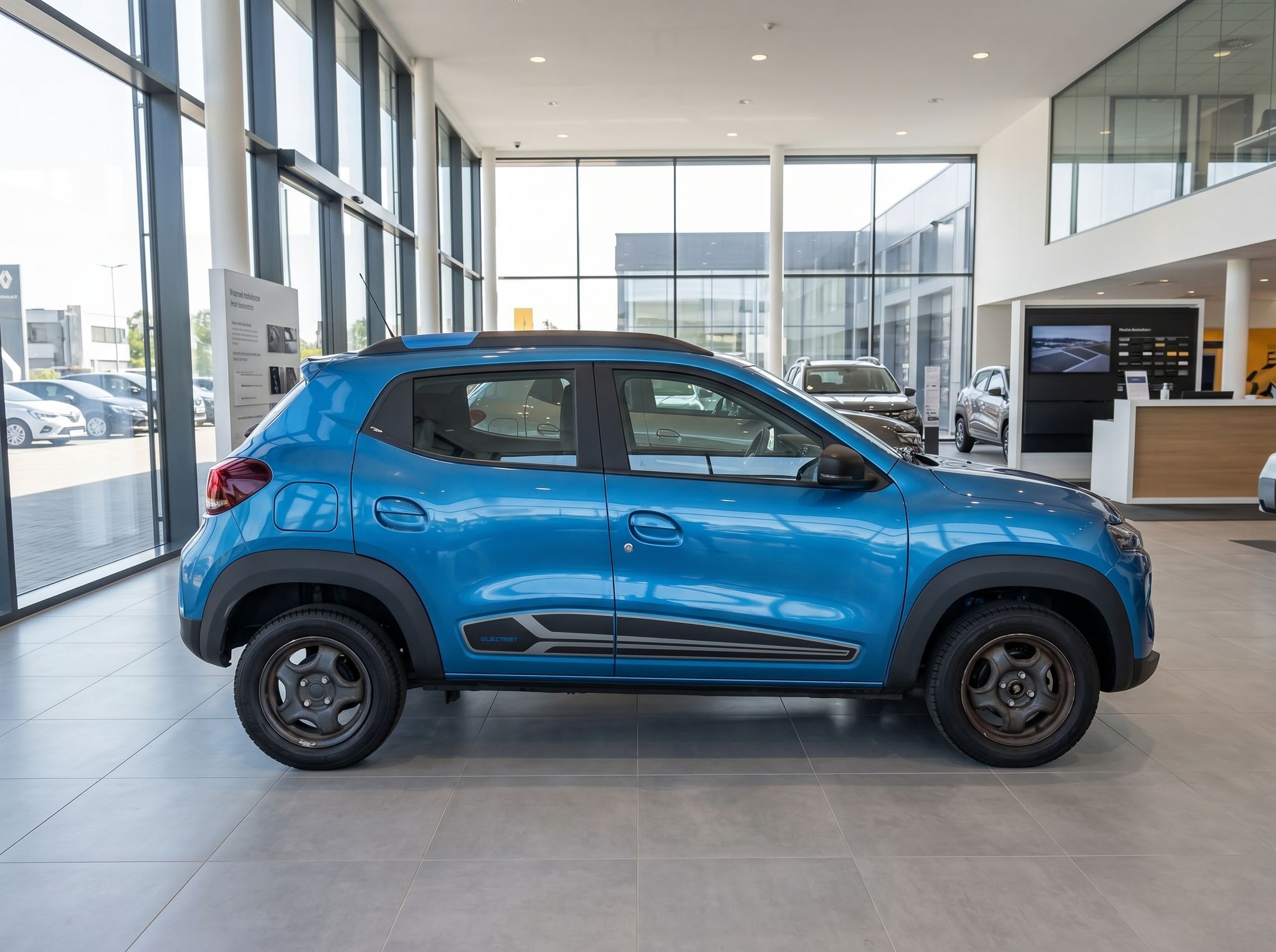Dacia Spring blau - Seitenansicht rechts im Autohaus-Showroom mit schwarzen Felgen