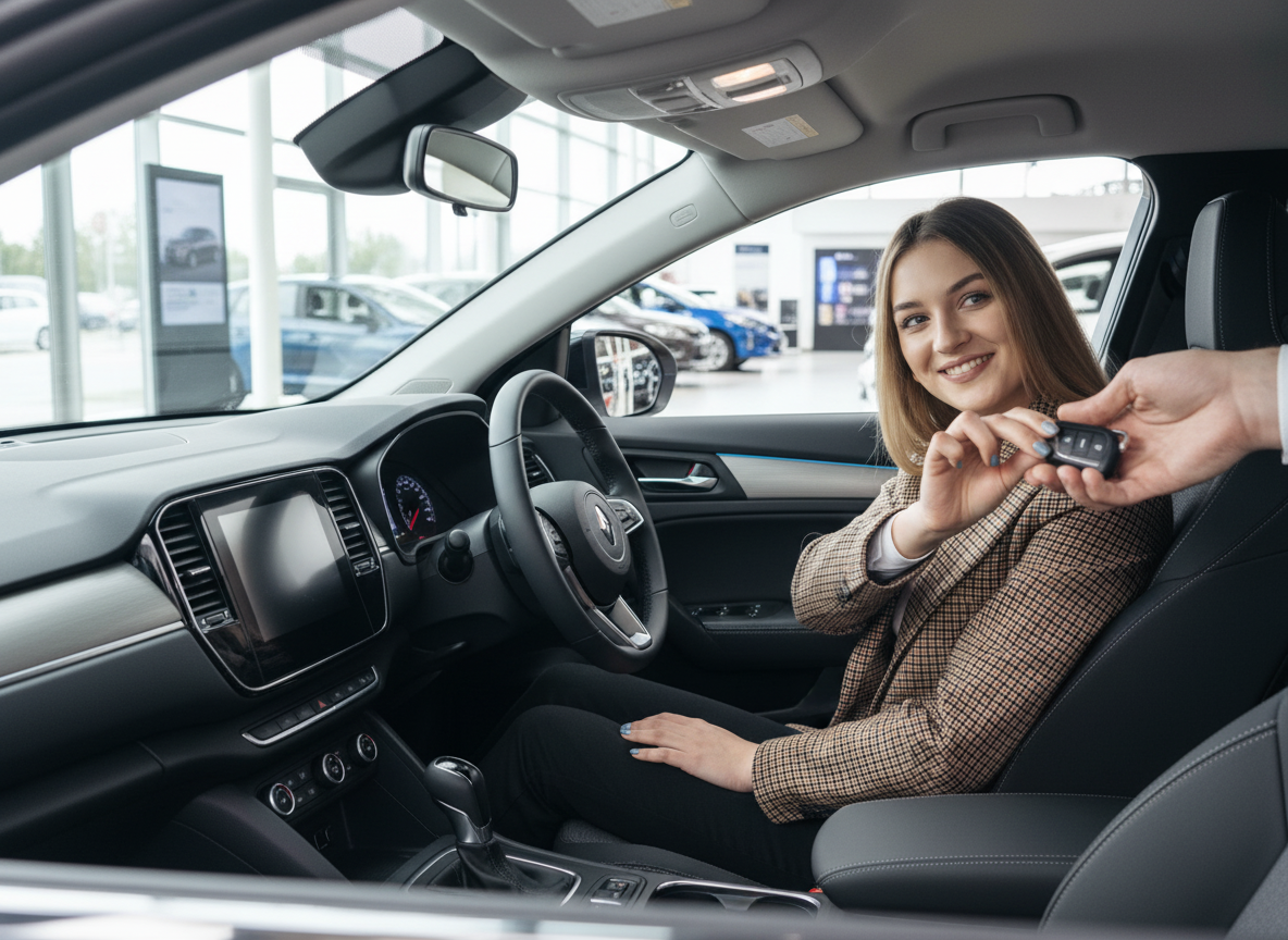 Frau sitzt im Fahrzeuginnenraum eines modernen Autos und nimmt Autoschlüssel entgegen