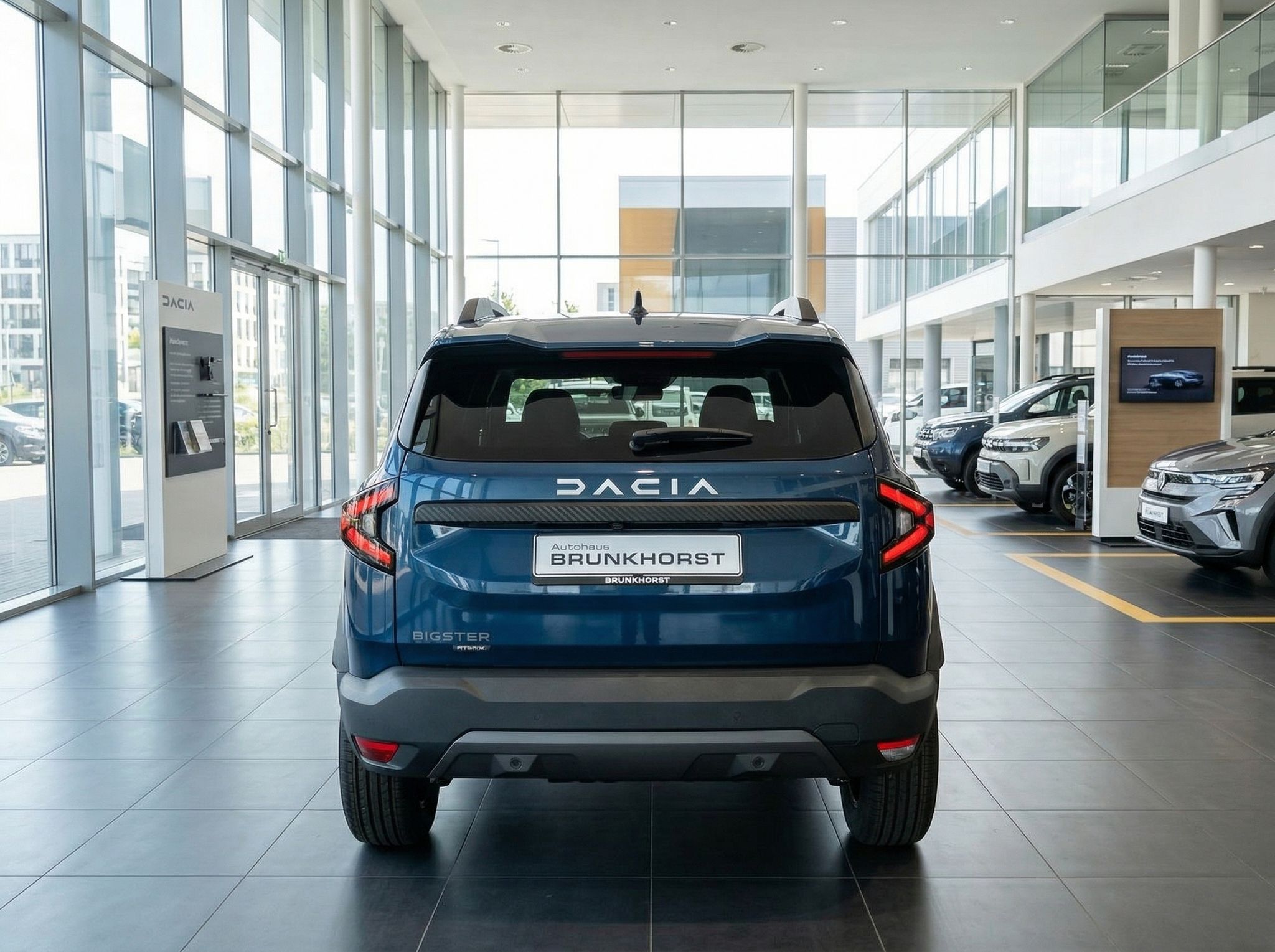 Dacia Bigster SUV Heckansicht in blau - Rücklichter und DACIA Schriftzug sichtbar