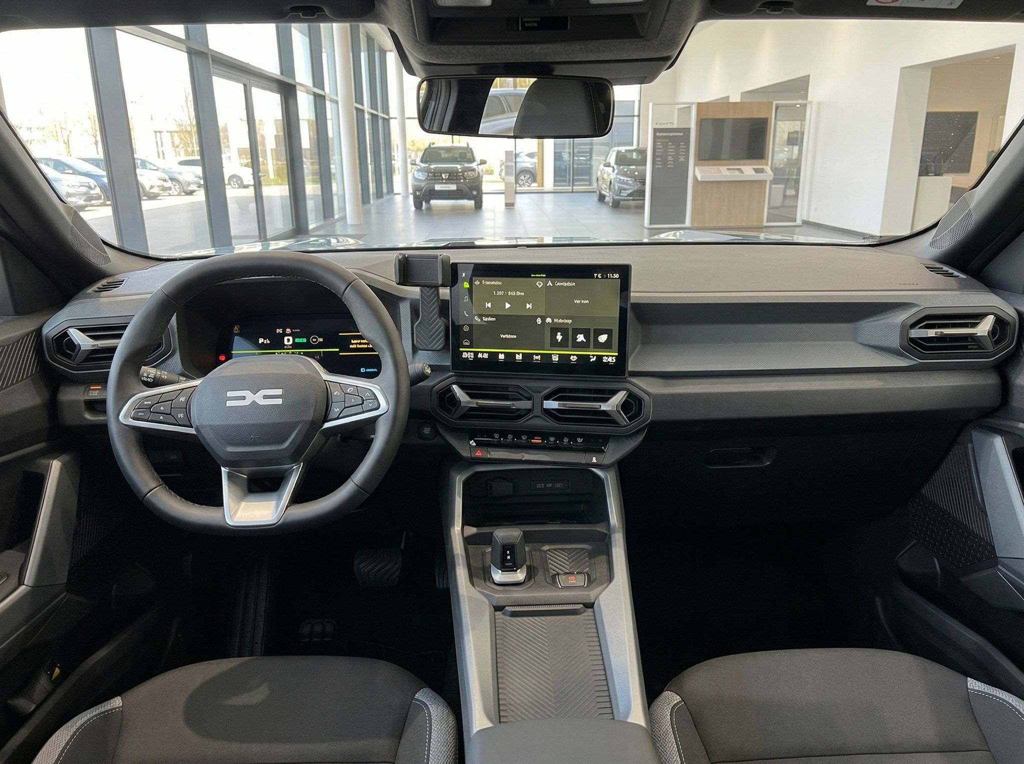 Fahrzeug Innenraum mit modernem Dashboard, Touchscreen und Lenkrad - Cockpit-Ansicht