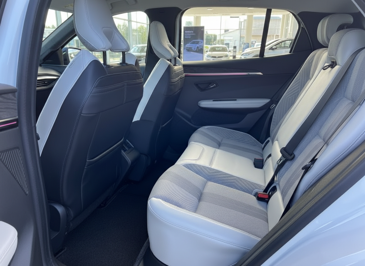 Modernes Fahrzeug Innenraum hinten – helle Leder-Sitze mit grau-weißem Design und Sicherheitsgurten