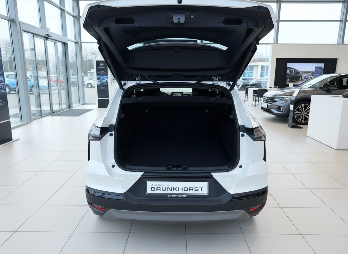 Weißer Opel SUV mit geöffneter Heckklappe im Autohaus Brunkhorst Showroom