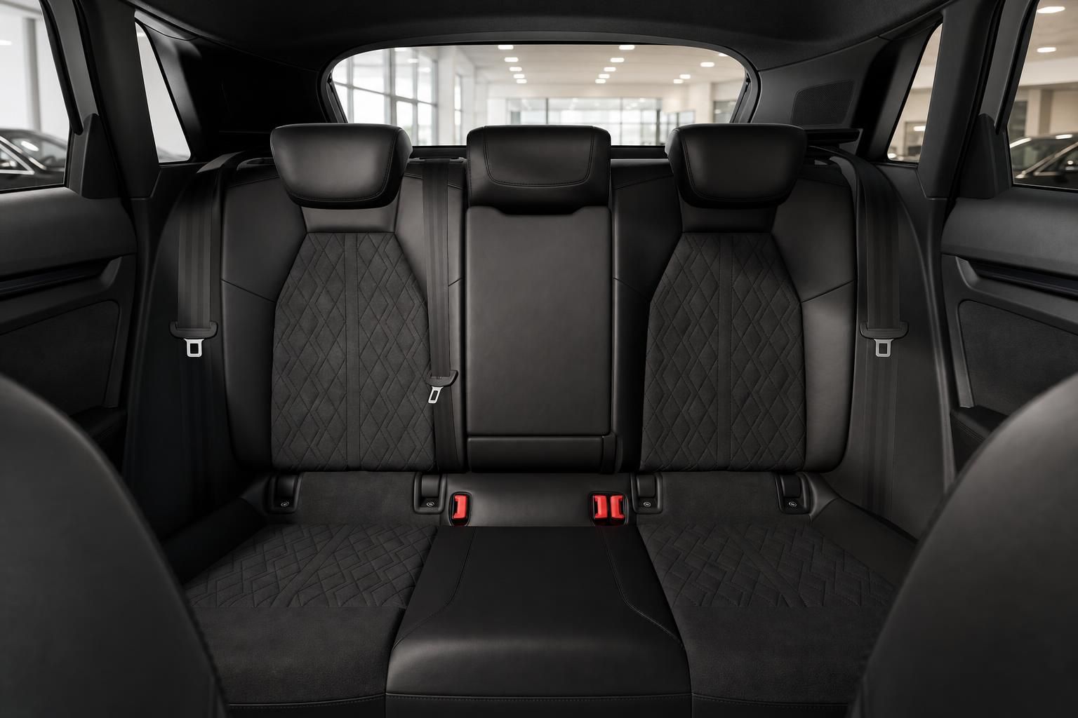 Audi Rücksitzbank mit schwarzem Alcantara-Leder und Rautensteppung im Fahrzeuginnenraum