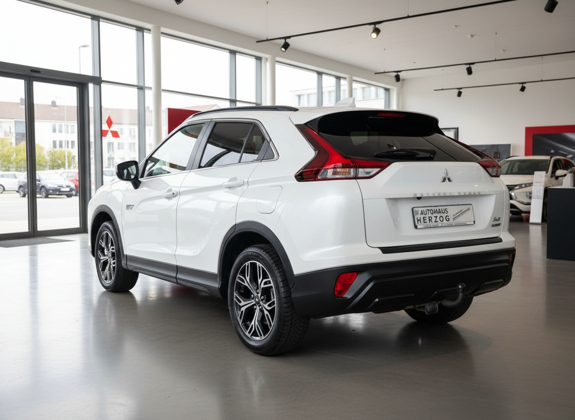 Mitsubishi Eclipse Cross in Weiß, Heckansicht im Autohaus Herzog Showroom