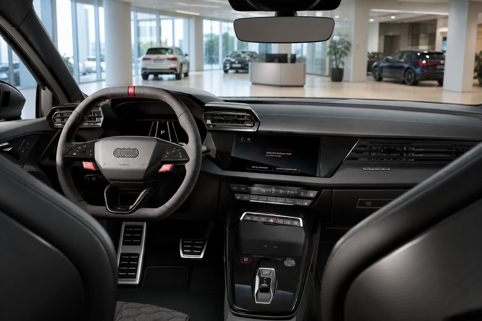 Audi Innenraum mit Sportlenkrad und Cockpit-Display im Showroom